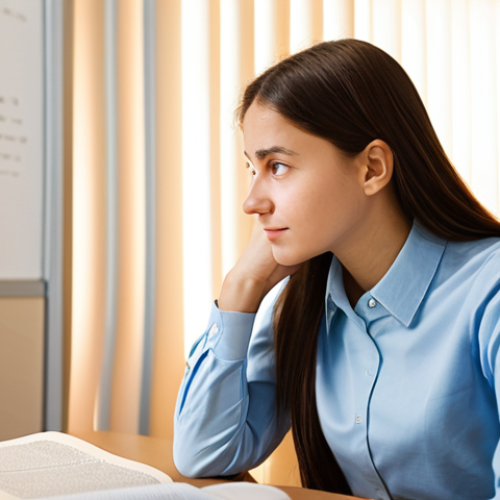 Home 12 A professional female student, fully clothed in modest, modern attire, sits attentively at a clean, minimalist desk in a brightly lit, contemporary study room. She is deeply focused, with an expression of clarity and understanding as stylized sound waves and glowing phonetic symbols gently emanate from an open German language textbook. The background features blurred, warm lighting, emphasizing a peaceful learning environment. Professional photography, high quality, perfect anatomy, correct proportions, natural pose, well-formed hands, proper finger count, natural body proportions, safe for work, appropriate content, family-friendly.