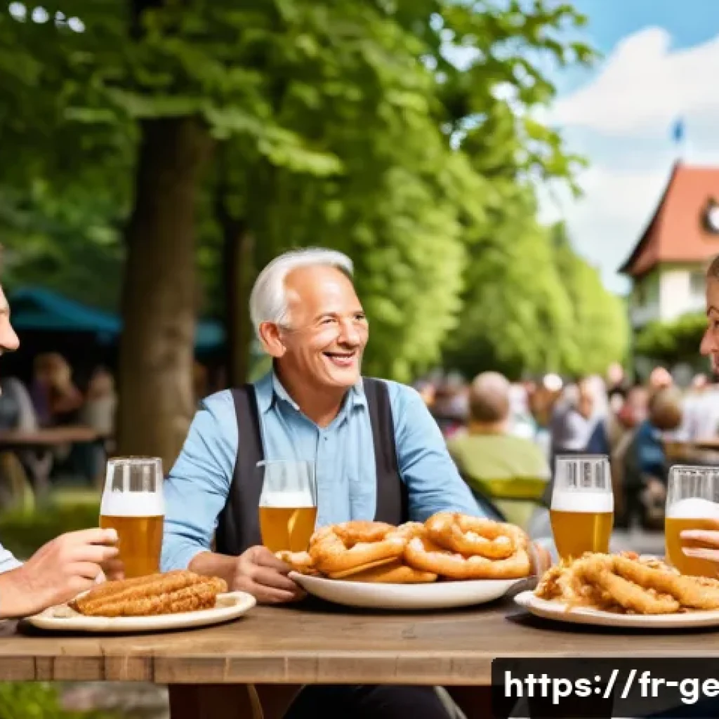 독일어 레스토랑 주문 표현 - **Prompt:** A cozy, traditional German Biergarten scene on a sunny afternoon. People are seated at w...