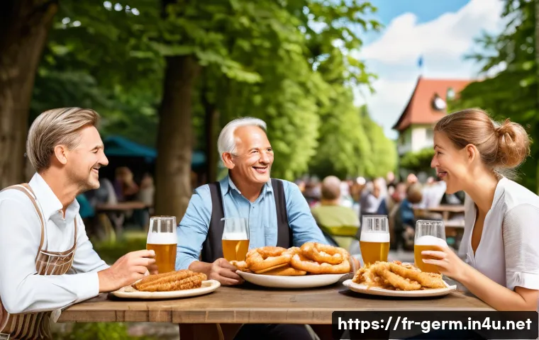 독일어 레스토랑 주문 표현 - **Prompt:** A cozy, traditional German Biergarten scene on a sunny afternoon. People are seated at w...