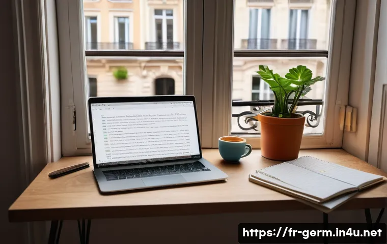 독일어 단어장 만들기 - A cozy, well-organized study desk in a modern French apartment with a paper vocabulary notebook open...