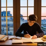 독일어 학문적 글쓰기 방법 - A cozy study room scene featuring a French university student thoughtfully planning an academic essa...