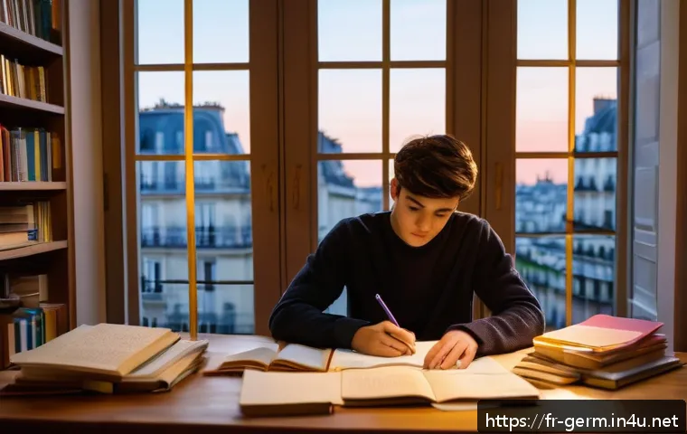 독일어 학문적 글쓰기 방법 - A cozy study room scene featuring a French university student thoughtfully planning an academic essa...