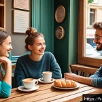 독일어 회화 연습 모임 - A cozy language caf&eacute; scene in a vibrant European city, featuring a diverse group of people from begi...