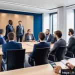 독일어권 비즈니스 매너 - A professional German office meeting scene showing diverse businesspeople dressed in formal attire i...
