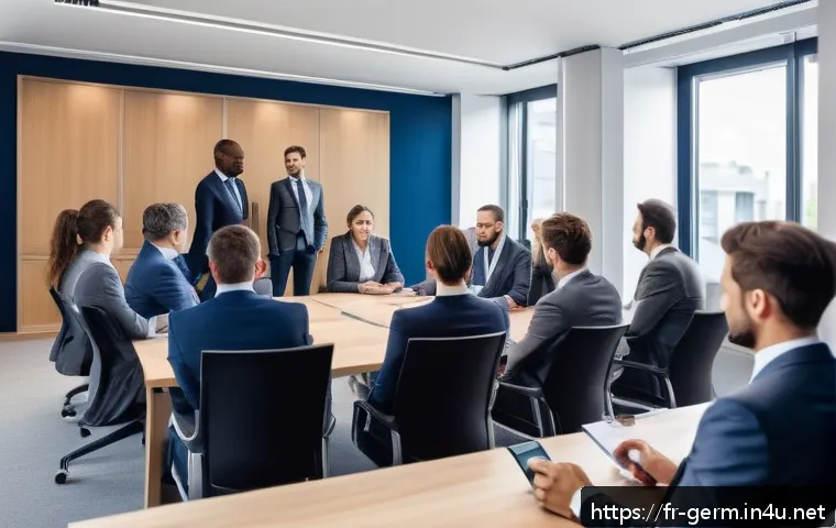 독일어권 비즈니스 매너 - A professional German office meeting scene showing diverse businesspeople dressed in formal attire i...