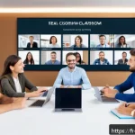 독일어 스피킹 연습 사이트 - A modern online language learning classroom scene featuring a diverse group of adult learners from v...