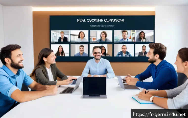 독일어 스피킹 연습 사이트 - A modern online language learning classroom scene featuring a diverse group of adult learners from v...