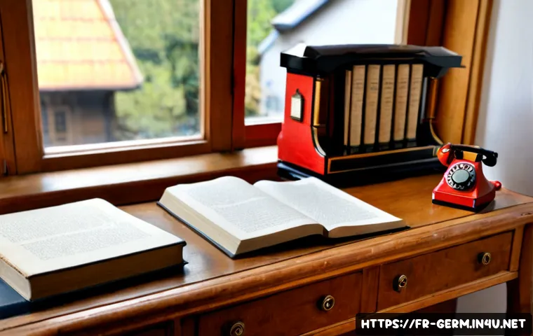 Home 17 독일어가 영어에 미친 영향 - Photorealistic academic still life illustrating German influence on English: two open antique langua...