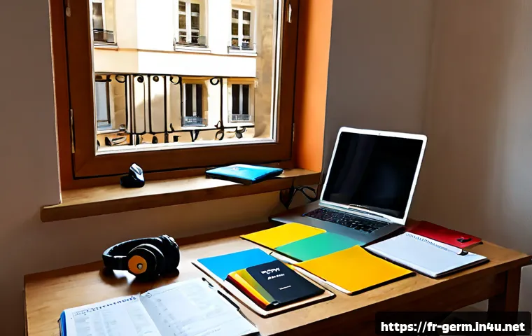 독일어 자격증 종류 및 활용법 - Photorealistic bright study desk in a French apartment, an adult learner organizing German language ...
