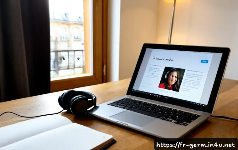 독일어 유튜브 채널 추천 - Photorealistic home study scene for a French adult learning German, a laptop showing a friendly Germ...